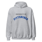 Unisex hoodie featuring University of Pittsburgh name and branding in royal blue and gold