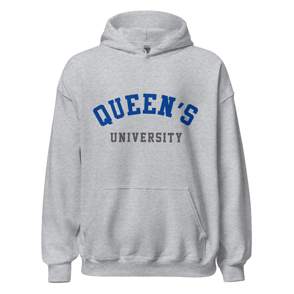 Unisex hoodie featuring Queen's University name and branding in blue and red