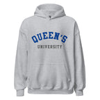 Unisex hoodie featuring Queen's University name and branding in blue and red