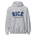 Unisex hoodie featuring Rice University name and branding in navy and grey