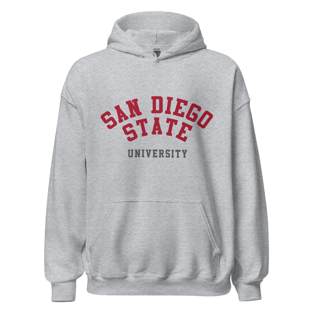 Unisex hoodie featuring San Diego State University name and branding in scarlet and black