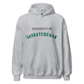 Unisex hoodie featuring University of Saskatchewan name and branding in green and gold
