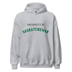 Unisex hoodie featuring University of Saskatchewan name and branding in green and gold