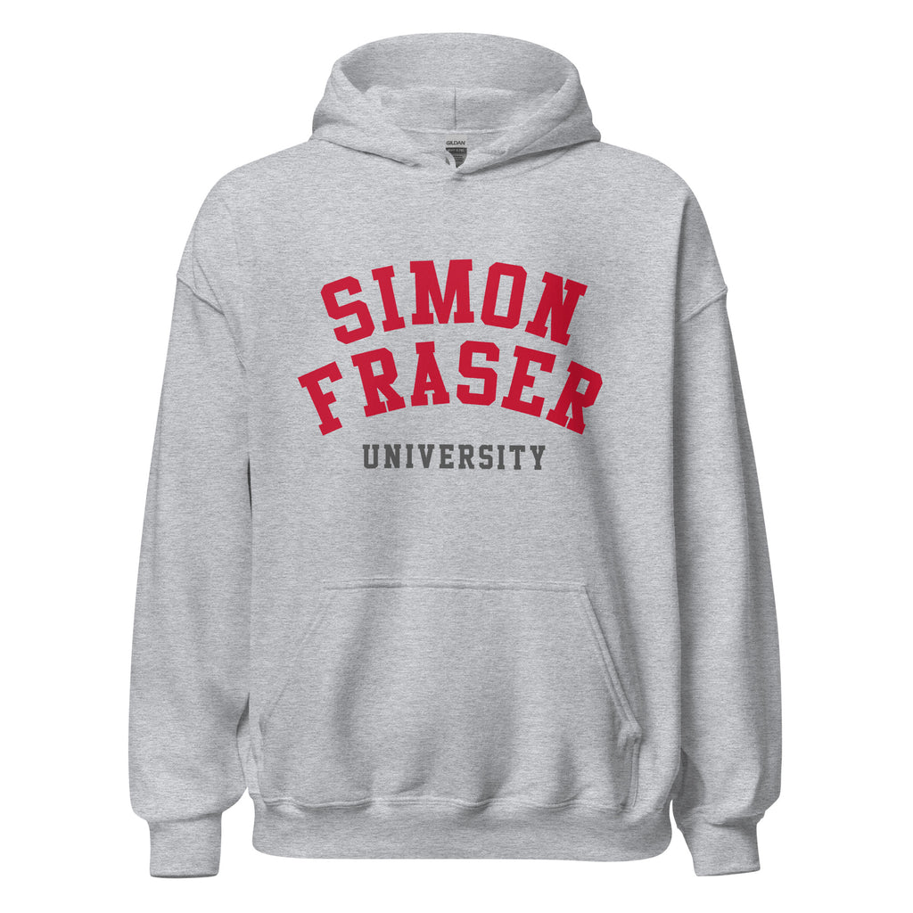 Unisex hoodie featuring Simon Fraser University name and branding in red and white