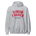 Unisex hoodie featuring Simon Fraser University name and branding in red and white