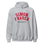 Unisex hoodie featuring Simon Fraser University name and branding in red and white