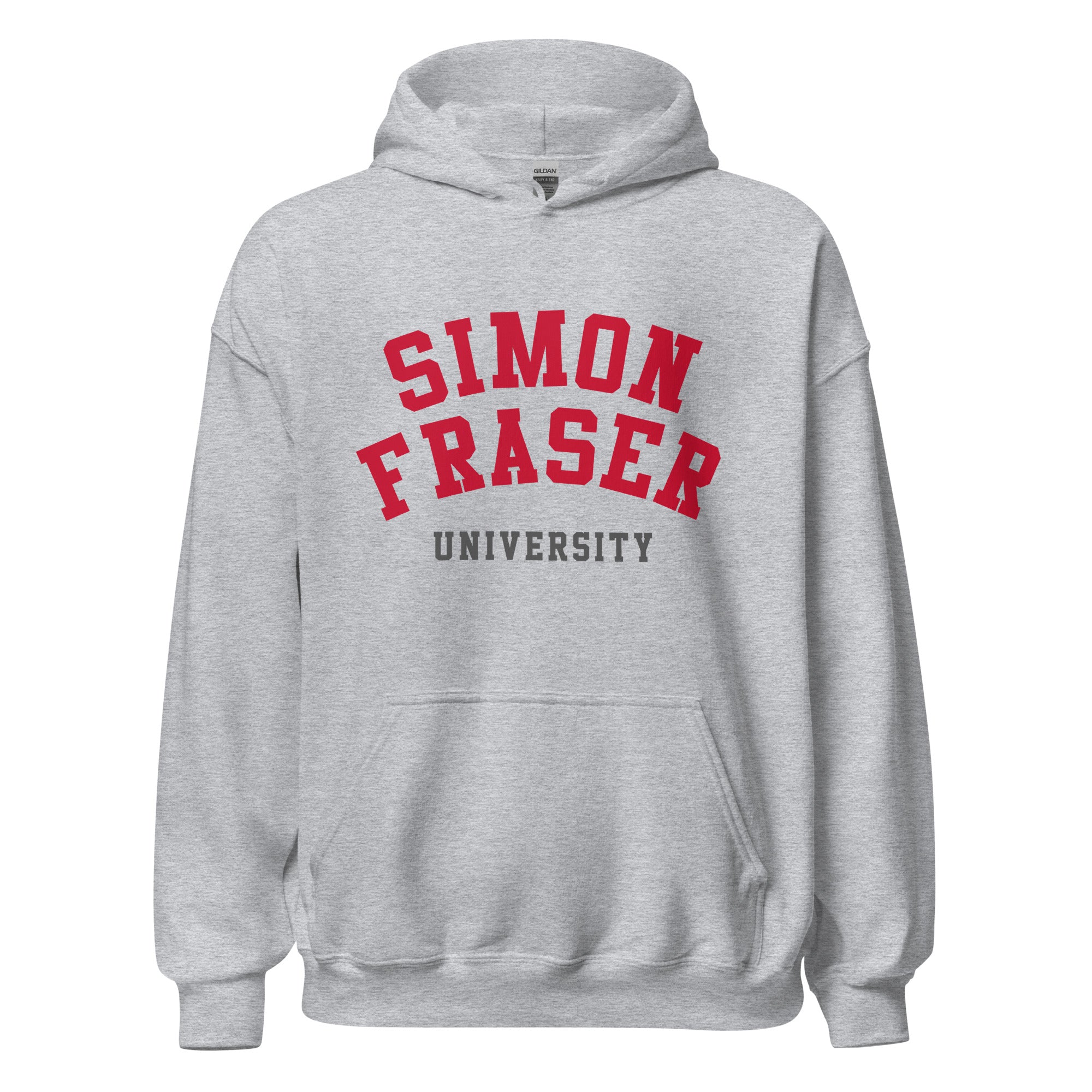 Unisex hoodie featuring Simon Fraser University name and branding in red and white