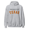 Unisex hoodie featuring University of Texas name and branding in burnt orange and white