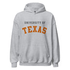 Unisex hoodie featuring University of Texas name and branding in burnt orange and white