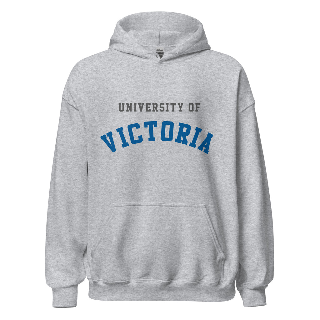 Unisex hoodie featuring University of Victoria name and branding in blue and red