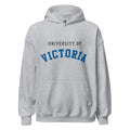 Unisex hoodie featuring University of Victoria name and branding in blue and red