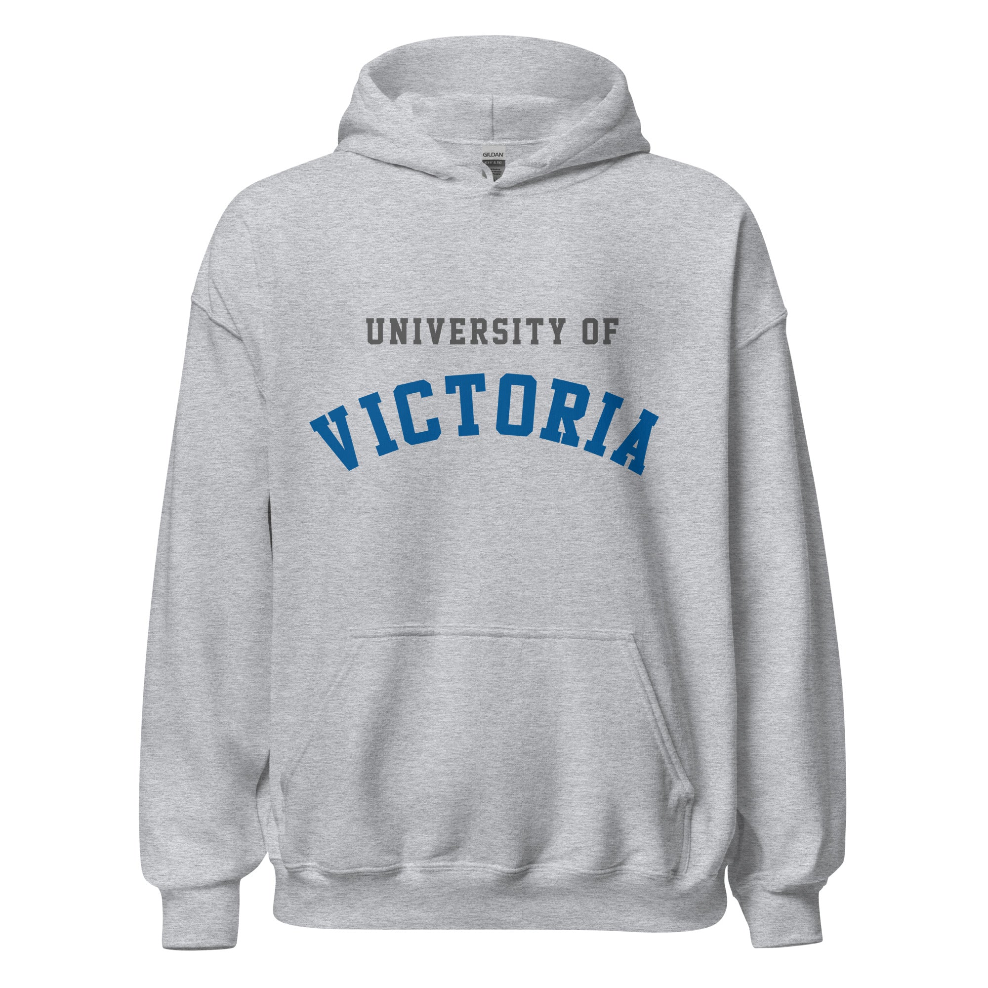 Unisex hoodie featuring University of Victoria name and branding in blue and red