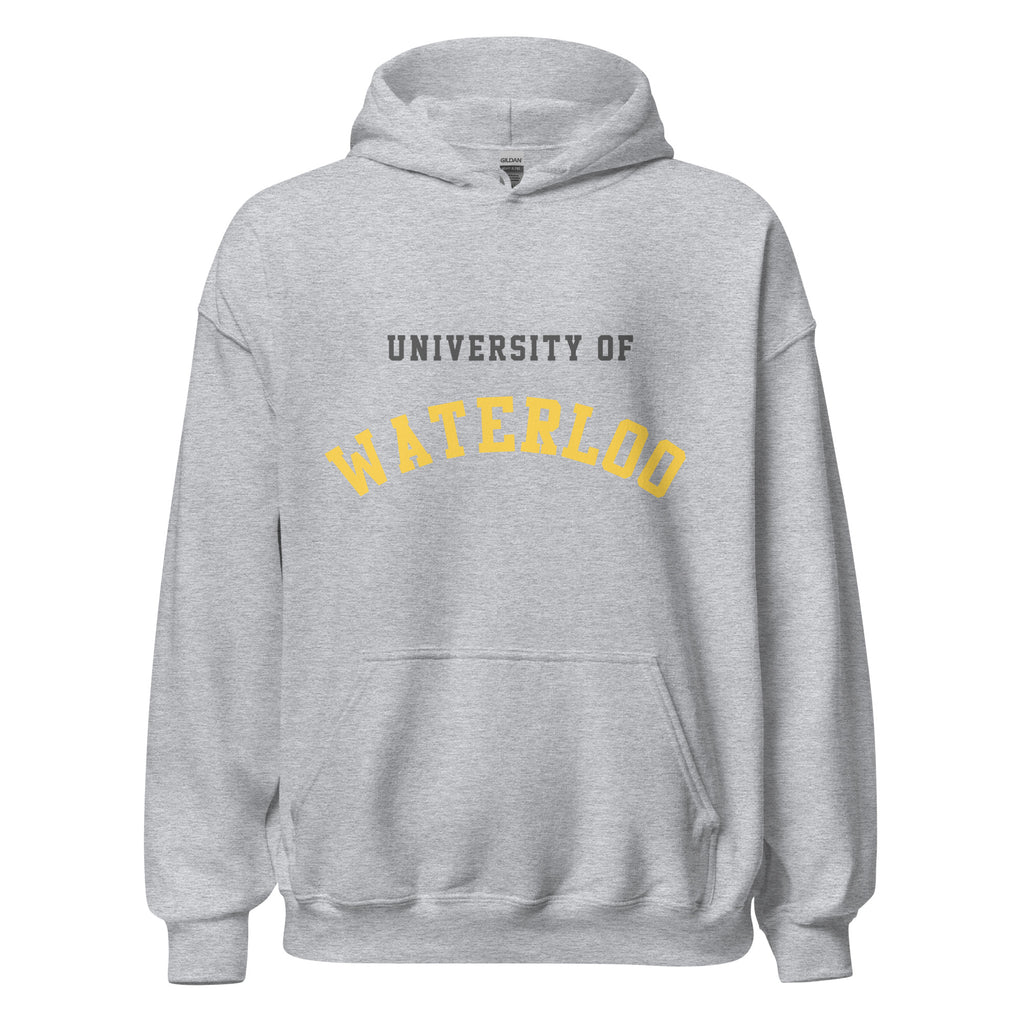 Unisex hoodie featuring University of Waterloo name and branding in black and gold