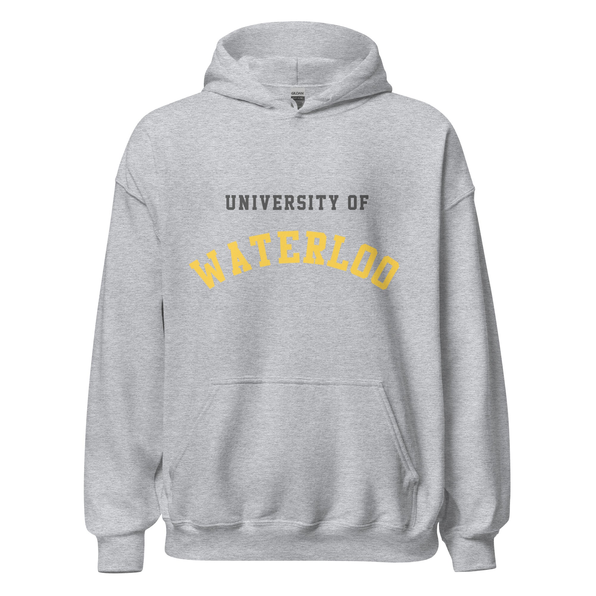 Unisex hoodie featuring University of Waterloo name and branding in black and gold