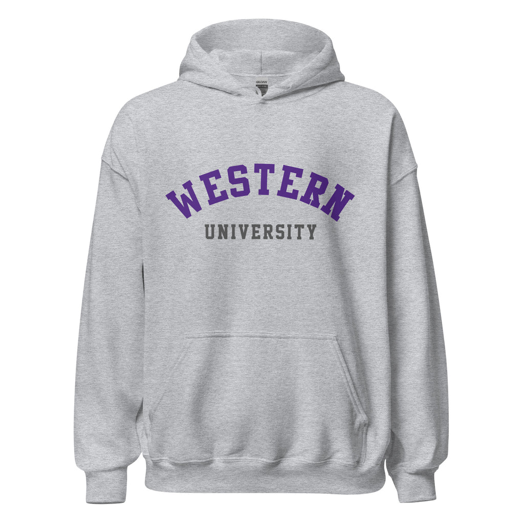 Unisex hoodie featuring Western University name and branding in purple and white