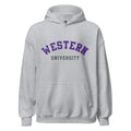 Unisex hoodie featuring Western University name and branding in purple and white
