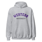 Unisex hoodie featuring Western University name and branding in purple and white