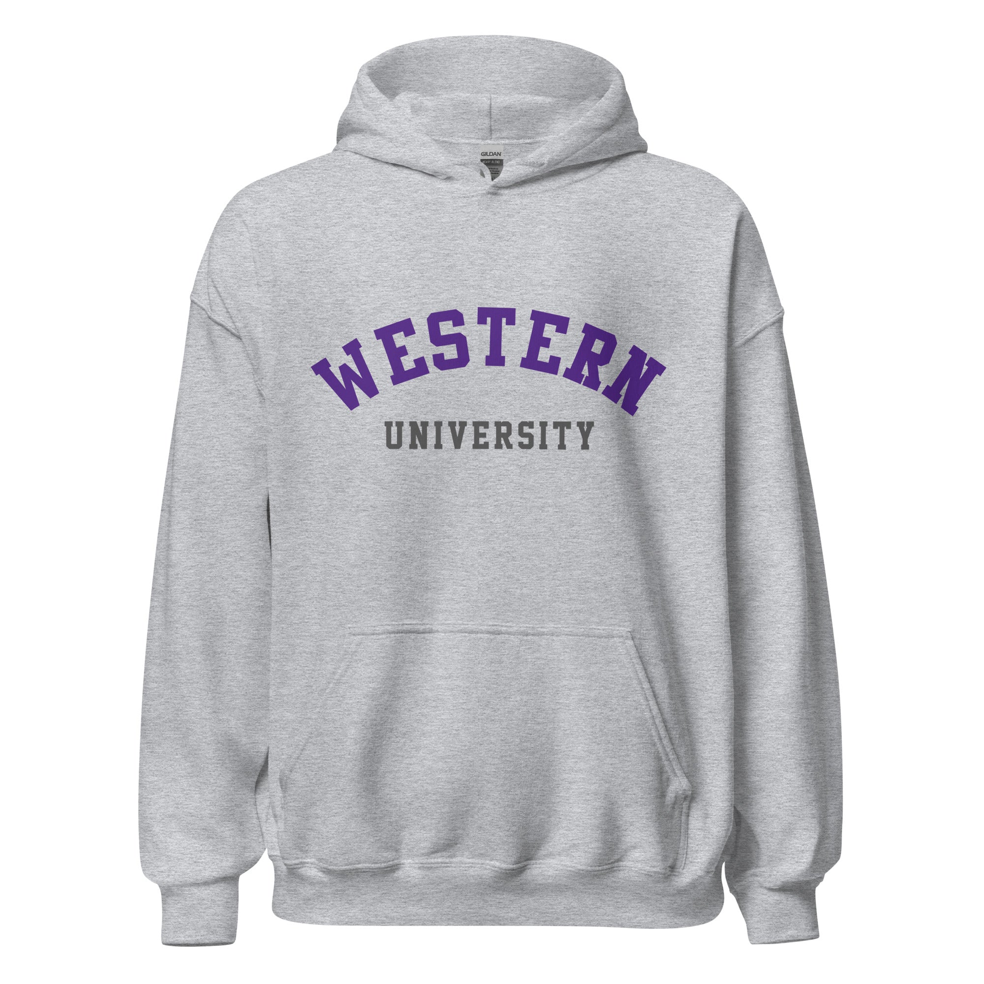 Unisex hoodie featuring Western University name and branding in purple and white