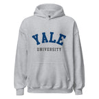 Unisex black hoodie featuring Yale University logo printed across the front chest