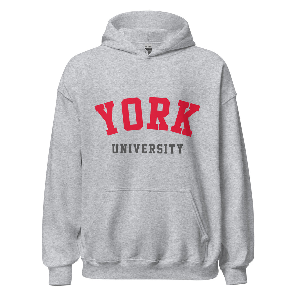 Unisex black hoodie featuring York University logo printed across the front chest