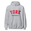 Unisex black hoodie featuring York University logo printed across the front chest