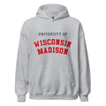 Unisex black hoodie featuring University of Wisconsin-Madison logo printed across the front chest