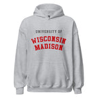Unisex black hoodie featuring University of Wisconsin-Madison logo printed across the front chest