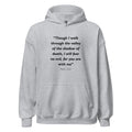 Unisex heather gray hoodie with Psalm 23:4 Bible verse printed in black text on front