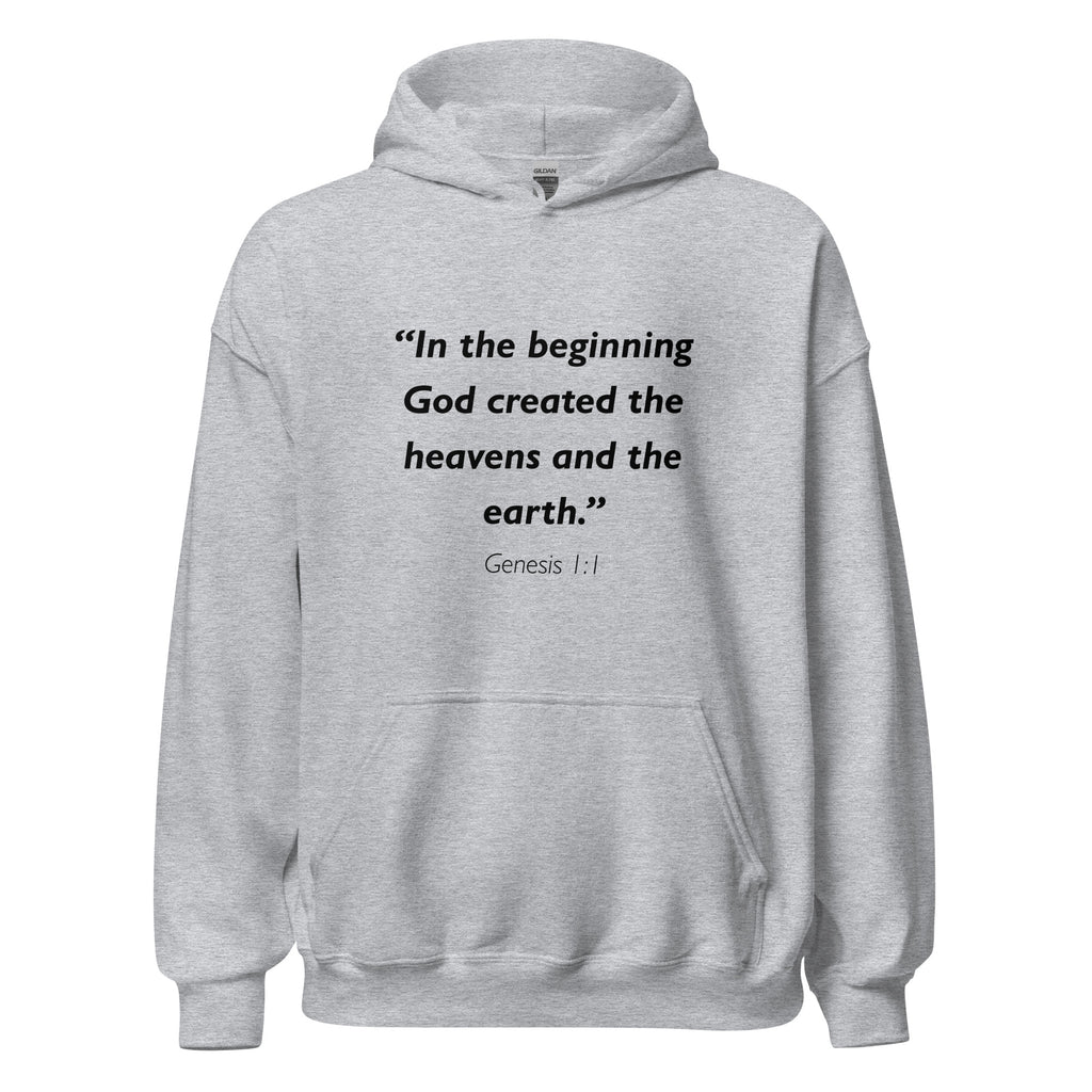 Unisex black hoodie with Genesis 1:1 Bible verse printed in black text on front