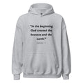 Unisex black hoodie with Genesis 1:1 Bible verse printed in black text on front