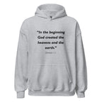 Unisex black hoodie with Genesis 1:1 Bible verse printed in black text on front