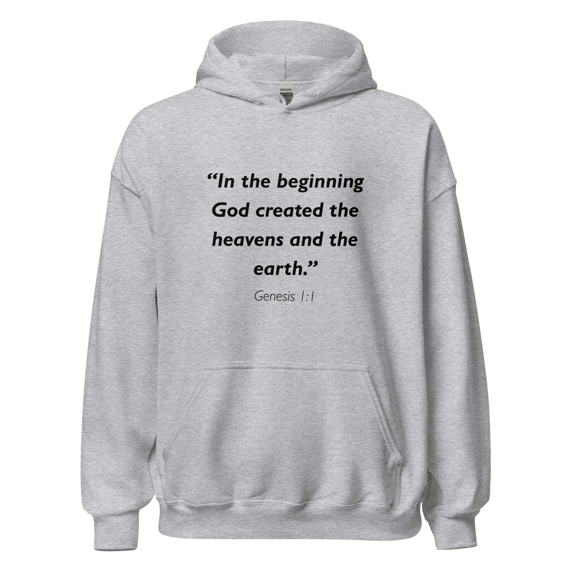 Unisex black hoodie with Genesis 1:1 Bible verse printed in black text on front