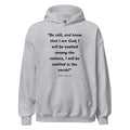 Unisex heather gray hoodie with Psalm 46:10 Bible verse printed in black text on front
