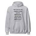 Unisex heather gray hoodie with Matthew 6:33 Bible verse printed in black text on front
