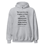 Unisex heather gray hoodie with Matthew 6:33 Bible verse printed in black text on front