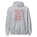 Unisex heather gray hoodie with Matthew 6:33 Bible verse printed in red text on front