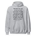 Unisex black hoodie with Isaiah 40:31 Bible verse printed in black text on front