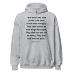 Unisex black hoodie with Isaiah 40:31 Bible verse printed in black text on front