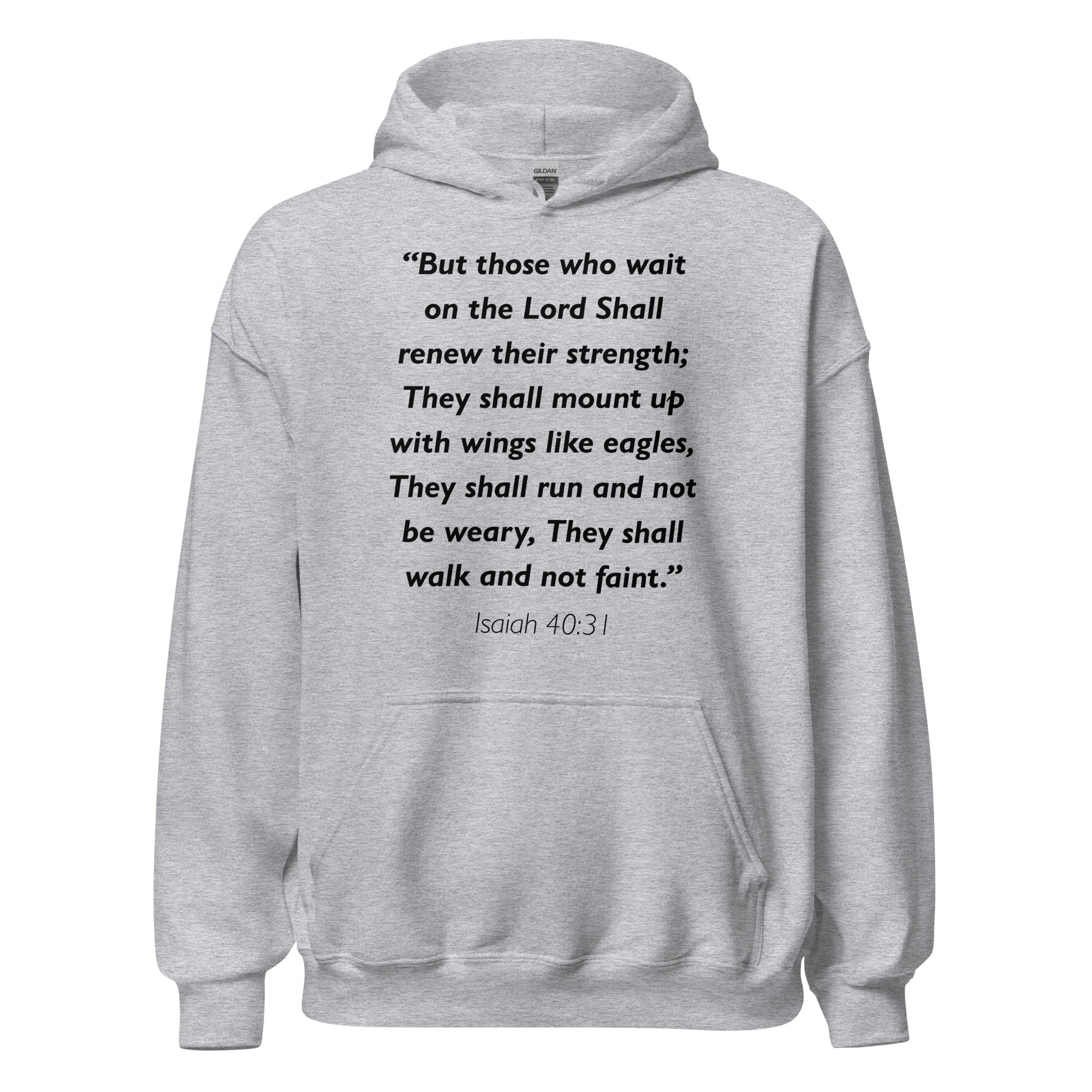 Unisex black hoodie with Isaiah 40:31 Bible verse printed in black text on front