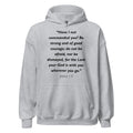 Unisex heather gray hoodie with Joshua 1:9 Bible verse printed in black text on front