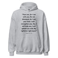 Unisex heather gray hoodie with Isaiah 41:10 Bible verse printed in black text on front
