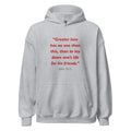 Unisex heather gray hoodie with John 15:13 Bible verse printed in red text on front