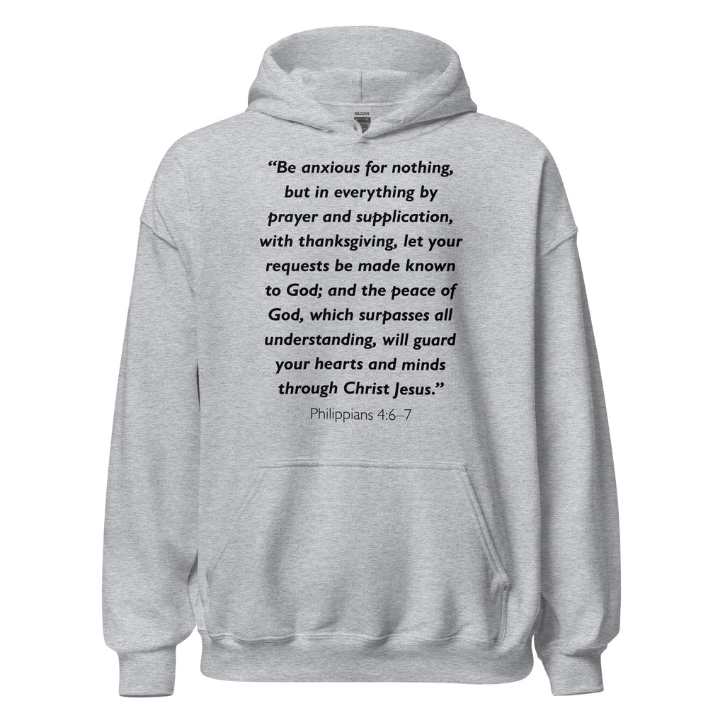 Unisex heather gray hoodie with Philippians 4:6-7 Bible verse printed in black text on front