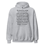 Unisex heather gray hoodie with Philippians 4:6-7 Bible verse printed in black text on front