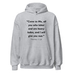 Unisex heather gray hoodie with Matthew 11:28 Bible verse printed in black text on front