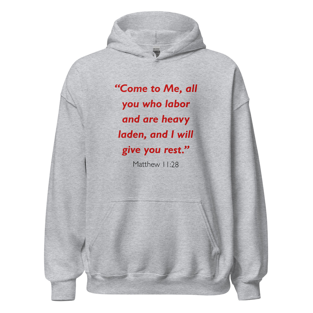 Unisex heather gray hoodie with Matthew 11:28 Bible verse printed in red text on front