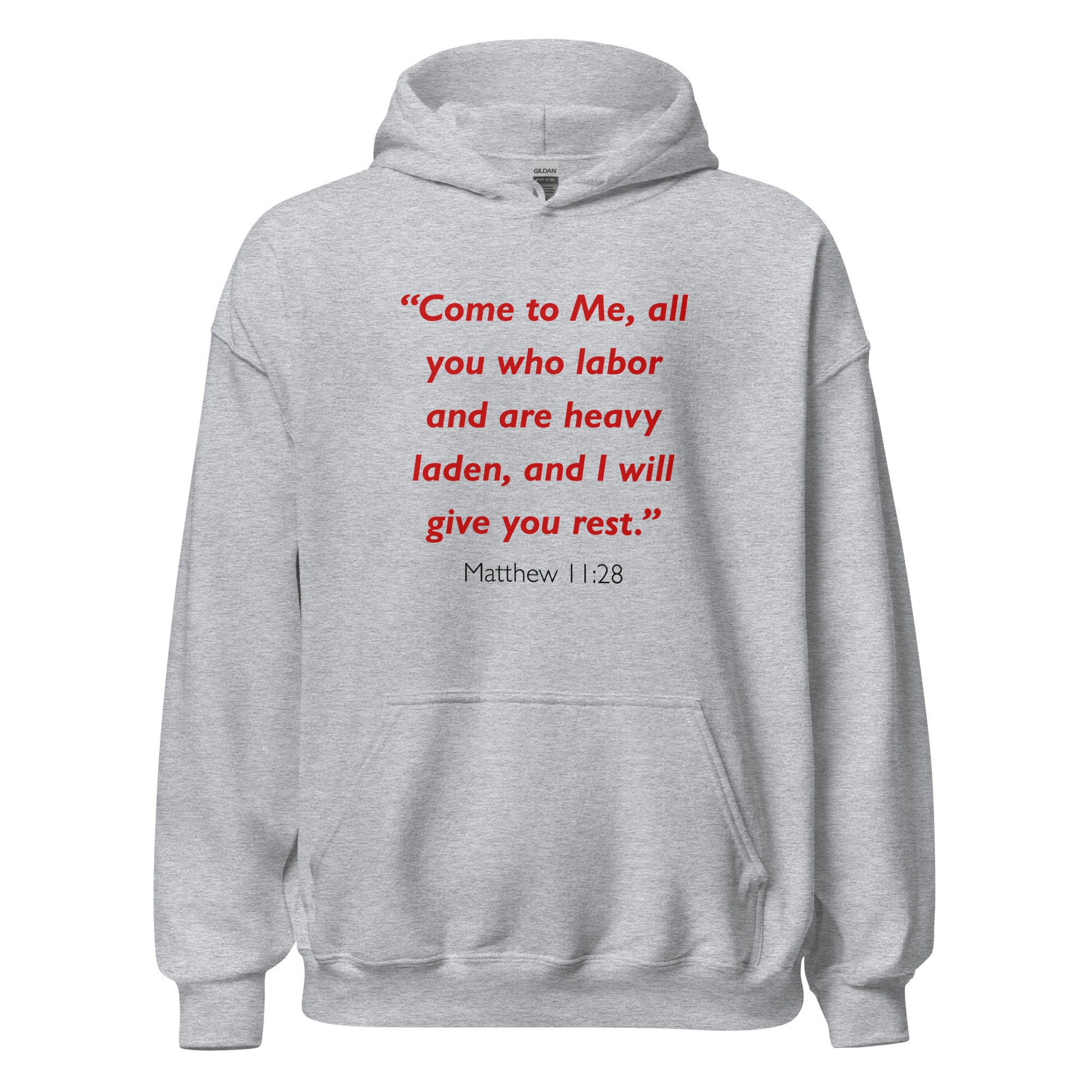 Unisex heather gray hoodie with Matthew 11:28 Bible verse printed in red text on front