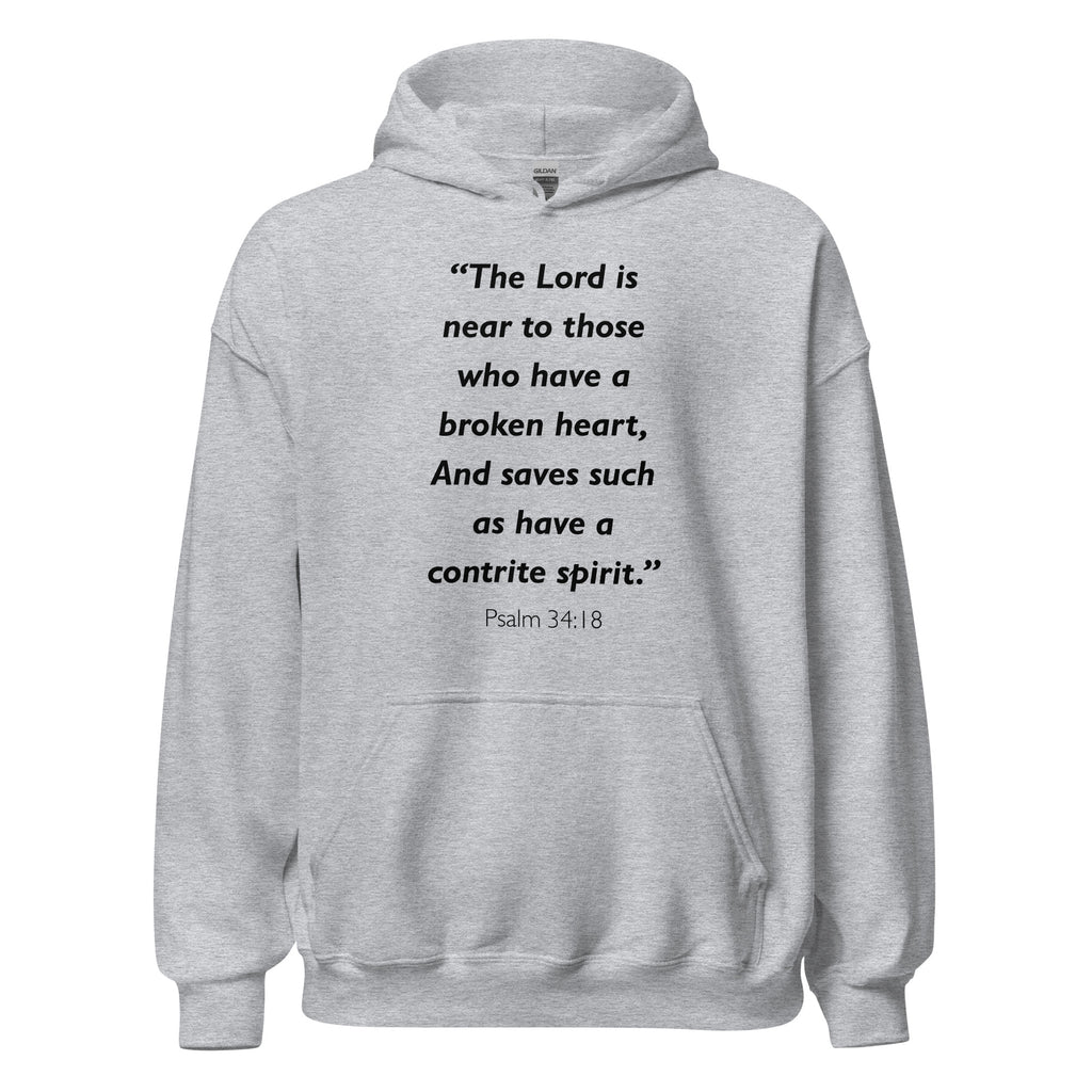 Unisex heather gray hoodie with Psalm 34:18 Bible verse printed in black text on front