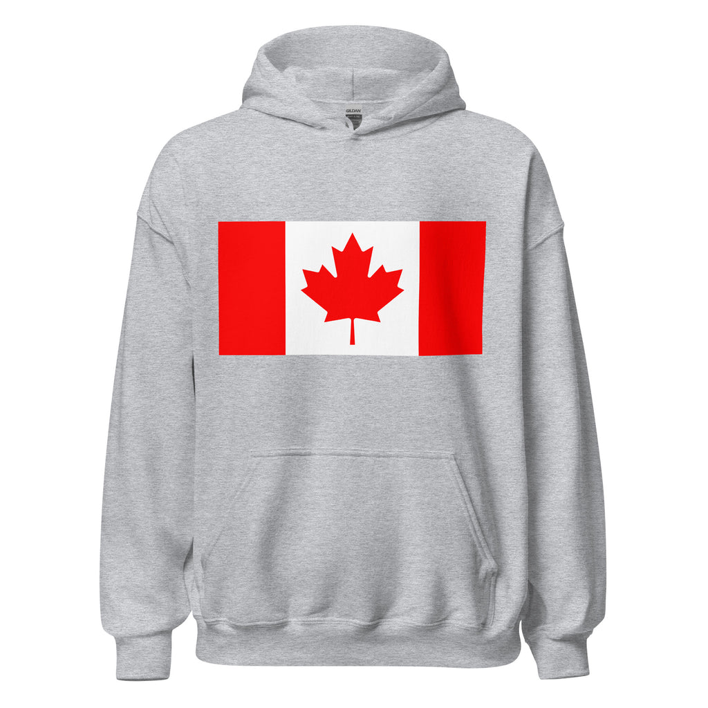Unisex heather gray hoodie featuring Canadian flag design printed across the front chest