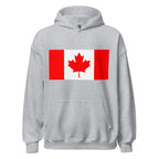 Unisex heather gray hoodie featuring Canadian flag design printed across the front chest